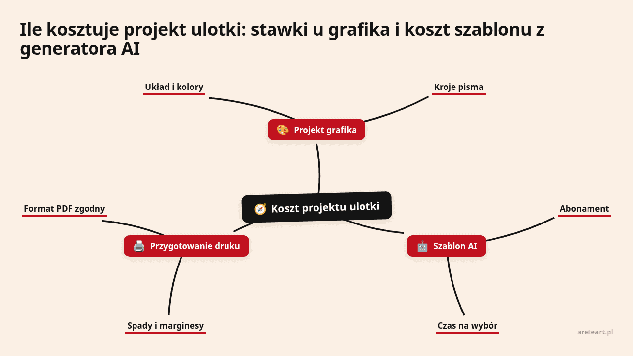 Mapa myśli: Koszt projektu ulotki, gałęzie: Projekt grafika, Szablon AI, Przygotowanie druku
