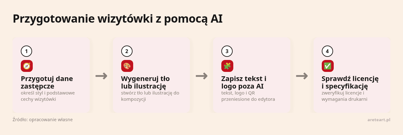 Proces tworzenia wizytówki z AI: dane, grafika, tekst, licencja.