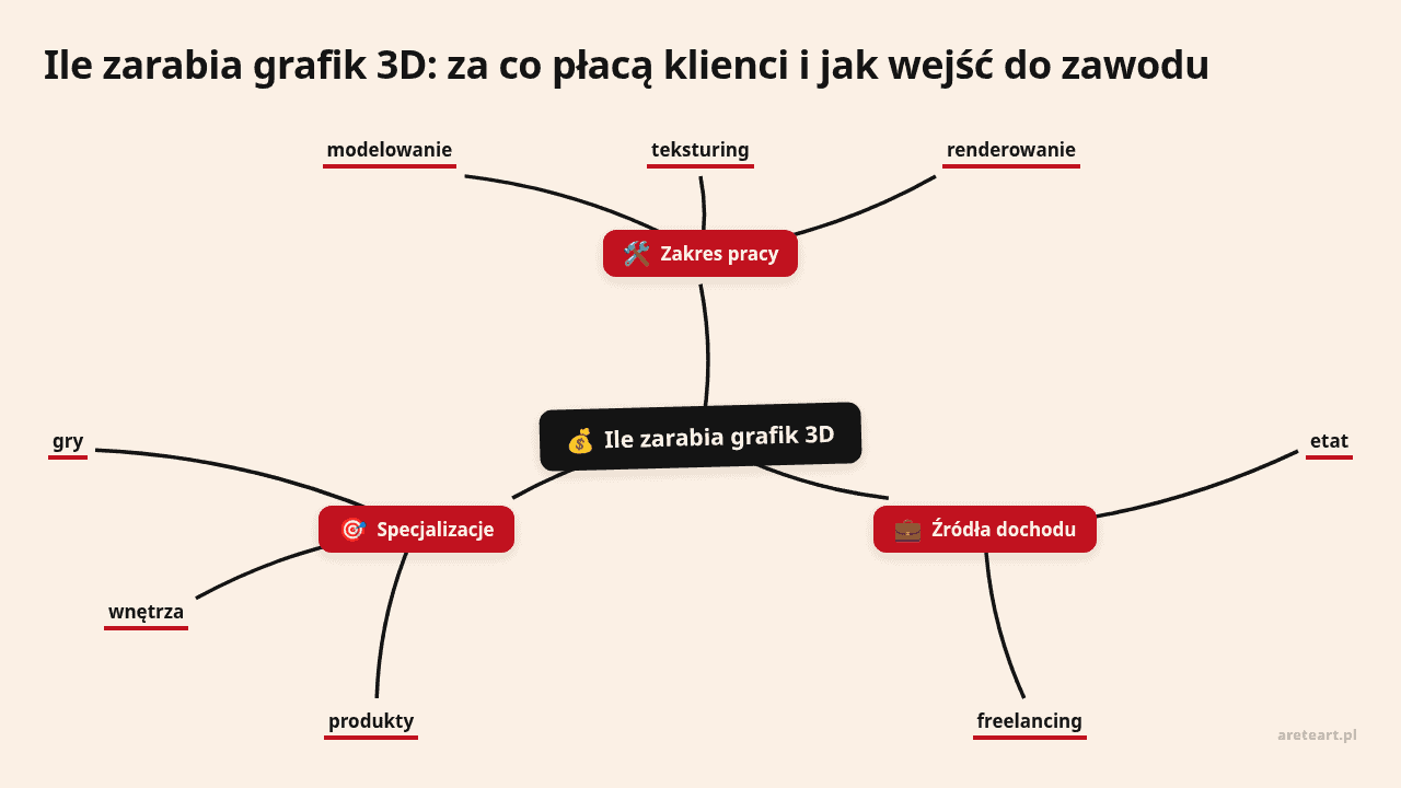 Diagram pokazujący zarobki grafika 3D, źródła dochodu i specjalizacje.