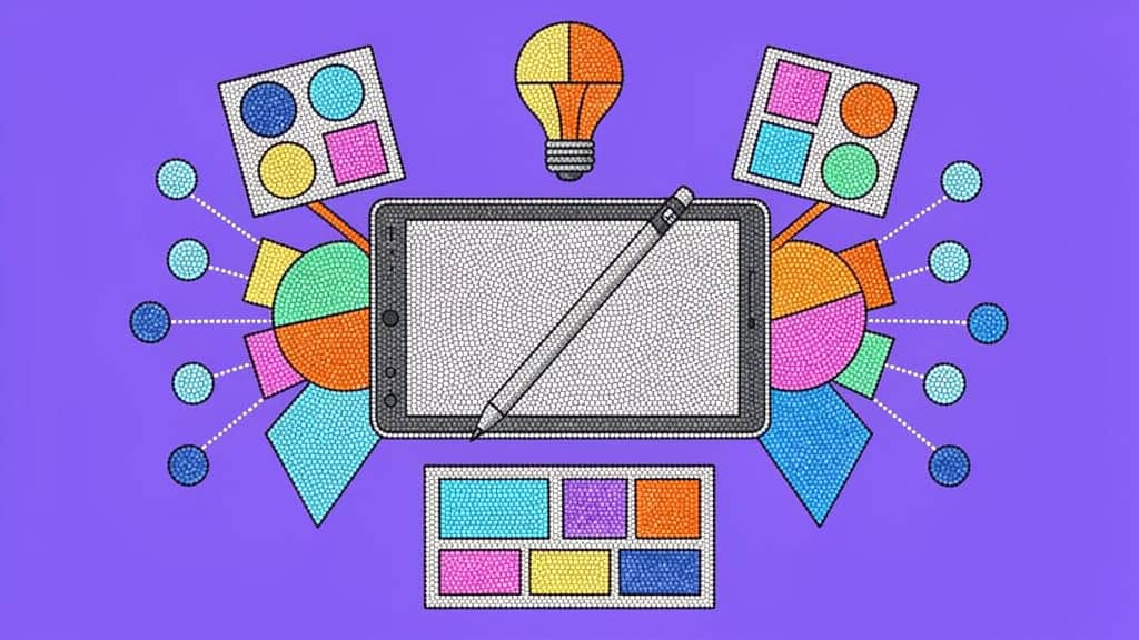 Grafika przedstawia tablet z piórkiem i kolorowe elementy kreatywne.