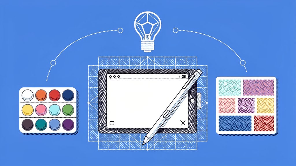 Grafika przedstawia tablet z piórem, paletę kolorów i próbki tekstur, symbolizujące projektowanie.