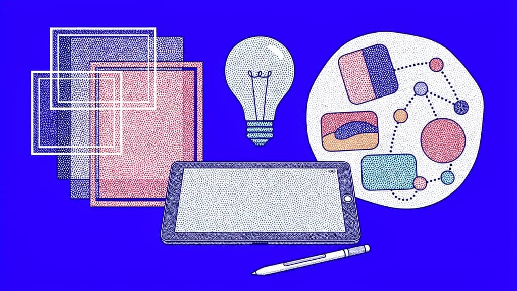 Grafika przedstawia tablet, lampę i schematy technologiczne na niebieskim tle.